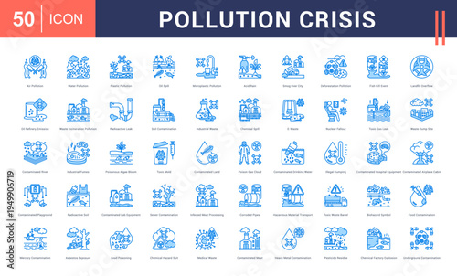 Pollution Crisis Icon Set. air pollution, water pollution, plastic pollution, oil spill, microplastic pollution and more. Blue Style vector icons collection.