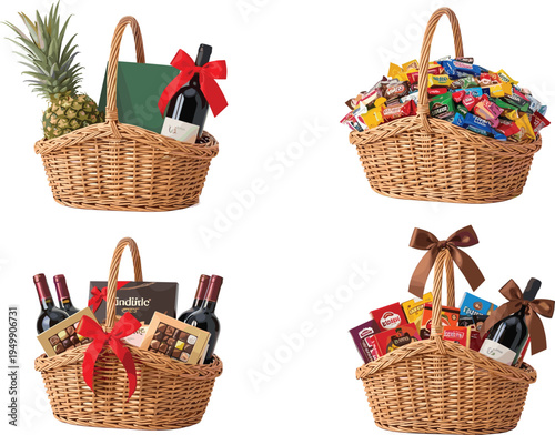 Set of wicker gift baskets containing wine bottles chocolates and pineapple, cad drawing flat vector illustration