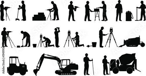 Silhouettes of construction workers with tools, machinery, and equipment – vector set for engineering, surveying, building, and industrial design