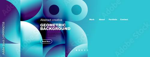 Abstract geometric background design. Vibrant blue, purple hues dominate composition. Website header includes navigation options, call to action.