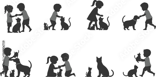 Silhouettes of children with pets, affectionate animal interaction illustration, kids bonding concept, cad drawing flat vector illustration