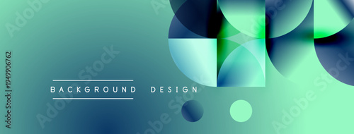Abstract background features overlapping circles, gradients. Turquoise, navy hues dominate design. Text reads background design. Minimalist aesthetic.