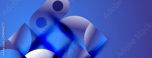 Abstract blue shapes overlap, creating dynamic composition. Gradient hues suggest depth, modern aesthetic. Minimalist design.