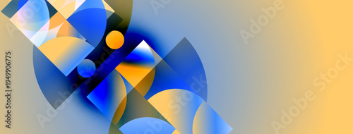 Abstract geometric shapes blend blues, oranges, yellows. Gradient background creates soft visual flow. Modern design elements present.
