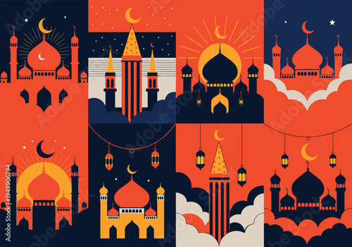 Eight mosque and moon panels sit on orange and blue backgrounds.