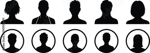Silhouettes of human profile icons, avatar busts, circular user identification symbols, social media design elements, anonymous digital identity representation