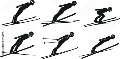 Ski jumper silhouette illustrations, black and white vector art, winter sports motion sequence, airborne athlete in dynamic poses