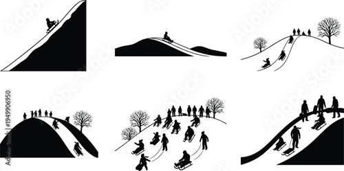 Sledding silhouette illustrations, black and white winter vector art, snowy hill activities, outdoor fun scenes, seasonal recreation moments