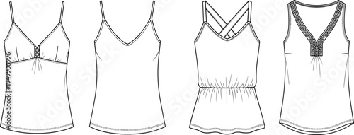 Fashion flat sketch vector illustration of four sleeveless women’s tops with unique neckline and strap design variations