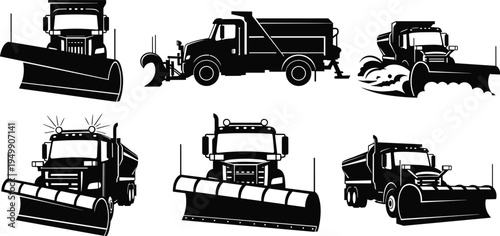 Snow plow truck vector set, black-and-white winter service vehicles in action for road safety, utility design, and seasonal illustration themes