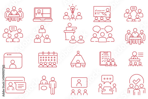 Meeting line icon set. Business conference, planning, and presentation. Team discussion, conversation, and collaboration. Outline vector pictogram for office communication.
