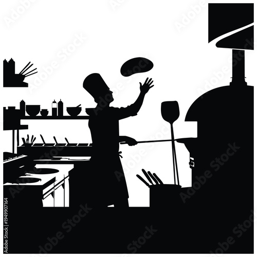 Chef silhouette tossing pizza dough in kitchen near oven, food preparation