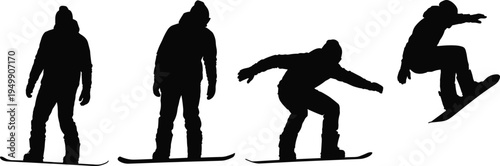 Snowboarder silhouettes in motion sequence, dynamic jump progression, winter sports illustration, athletic snowboarding stances, extreme sport design elements collection