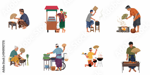Vector Illustration Collection of Traditional Indonesian Street Food Vendors Grilling Satay on Charcoal Grills