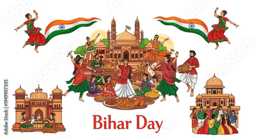 Illustration of Bihar Day celebration with dancers, flags, and architecture, showcasing Indian culture and tradition on a white background.