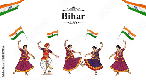 Illustration of traditional Indian dancers celebrating Bihar Day with flags in a colorful and vibrant cultural scene.