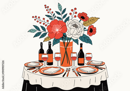 A round dining table set with a white tablecloth features four place settings with orange plates and a large floral centerpiece of various blooms.