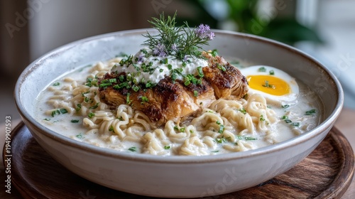 Creamy ramen bowl with grilled chicken, soft-boiled egg, and fresh herbs