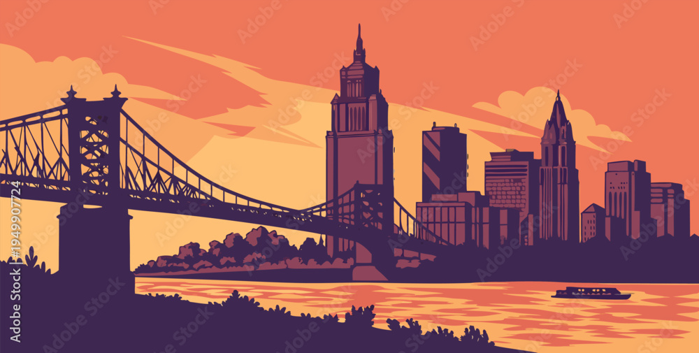 Obraz premium Cincinnati Downtown Sunset Skyline Silhouette with Ohio River Bridge. Vector