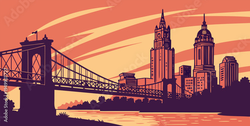Cincinnati Sunset Skyline Silhouette Vector