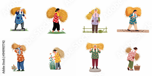 Vector Illustration Set of Rural Women Carrying Bundles of Straw or Hay in Traditional Patterned Clothing During Harvest Season