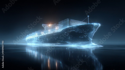 Holographic cargo digital twin of a container ship of globalization, technological progress, and smart shipping logistics. 