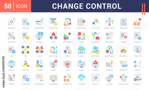 Change Control Icon Set. change request, change approval, release management, maintenance window, priority level and more. Flat Style vector icons collection.