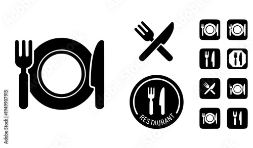 Bold Fork Knife Plate Icons – Solid Cutlery Restaurant Logo Collection