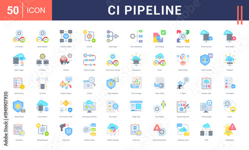 CI Pipeline Icon Set. ci process, build pipeline, version control, commit, code merge and more. Flat Style vector icons collection.