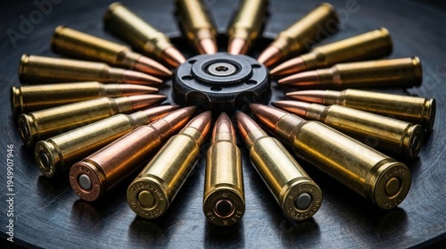 A close-up shot of various rifle cartridges arranged in a circular pattern around a dark metallic centerpiece on a dark surface.