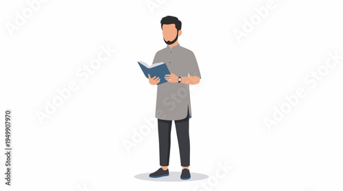Minimalist vector illustration of a young Muslim man standing and holding a book in one hand 