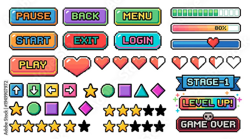 Pixel art game interface collection featuring colorful buttons, progress bars, health hearts and arcade navigation icons on white background, symbolizing retro gaming UI or app design