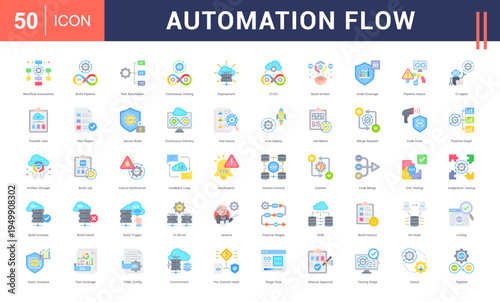 Automation Flow Icon Set. workflow automation, build pipeline, test automation, continuous testing, deployment and more. Flat Style vector icons collection.