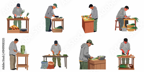 Set of illustrations featuring various men chopping fresh green onions on wooden tables, perfect for cooking and food market themes.