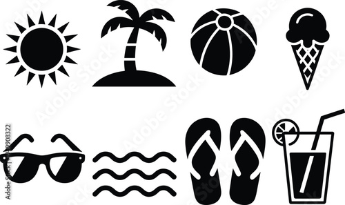 Summer icons collection – sun, palm tree, beach ball, ice cream, sunglasses, waves, flip-flops, tropical drink vector symbols