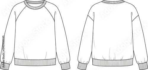 Sweatshirt, crewneck, raglan sleeves, technical sketch, fashion illustration, front view, back view, vector, garment, apparel, clothing, cuffs