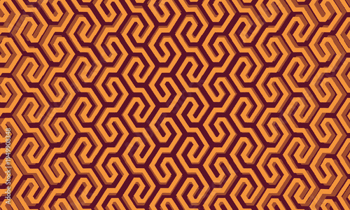 Ethnic geometric seamless pattern with interlocking orange shapes on a dark burgundy background. with a modern concept style