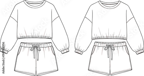 Sweatshirt shorts set technical sketch, cropped top, drawstring shorts, elastic hem, cad drawing flat vector illustration