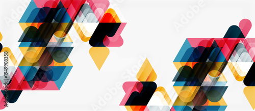 Abstract geometric shapes overlap, creating colorful patterns. Light shades dominate composition, offering modern aesthetic.