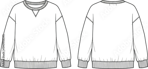 Sweatshirt technical sketch, front back view, crew neckline, ribbed cuffs hem, relaxed fit, fashion CAD, cad drawing flat vector illustration