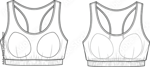 Sports bra technical sketch, racerback style, padded cups, scoop neckline, wide straps, fashion CAD, cad drawing flat vector illustration