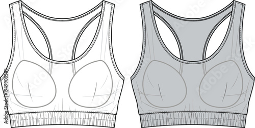 Sports bra technical sketch, fashion flat drawing, racerback design, contour cups, elastic band, garment construction, textile illustration, activewear