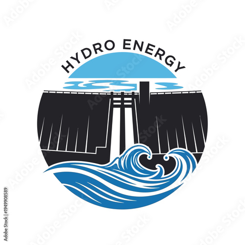 Robust Hydro Energy Dam and Powerful Ocean Wave Logo for Renewable Water Power, isolated white background.
