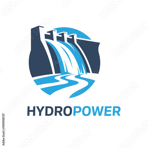 HydroPower Logo with Concrete Hydroelectric Dam and Flowing Water, isolated white background