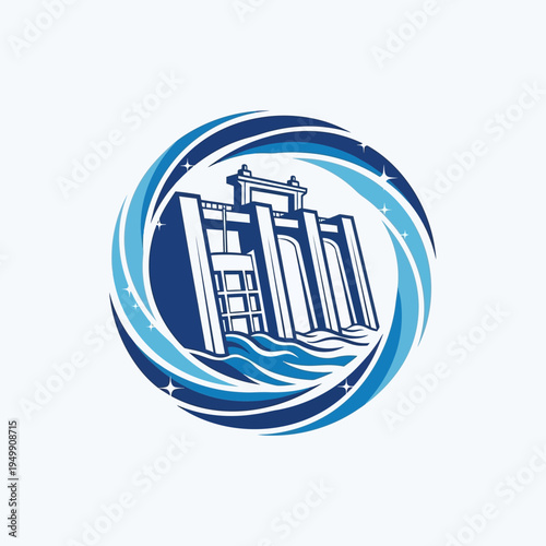 Hydroelectric Dam Logo with Swirling Water and Circular Frame, isolated white background