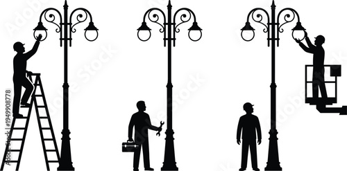 Street lamp maintenance silhouettes, workers repairing vintage streetlights using ladders and lift platforms, urban public lighting service vector illustration isolated