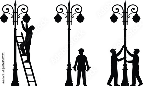 Street lamp repair silhouettes, workers fixing vintage streetlights with ladders and teamwork, urban public lighting maintenance vector illustration isolated