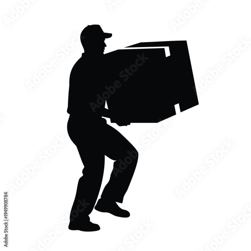Delivery man carrying box silhouette, courier service worker in uniform