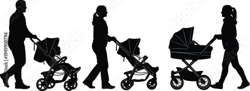 Silhouette adults pushing strollers and prams, walking side view, parenting concept, child transport, cad drawing flat vector illustration