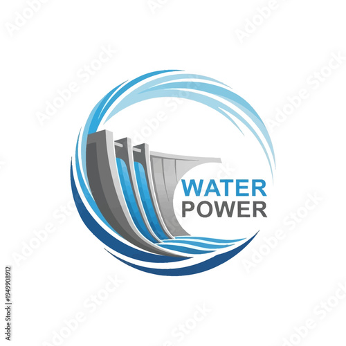 Water Power Logo with Hydroelectric Dam Structure and Flowing Waves, Isolated White Background.
